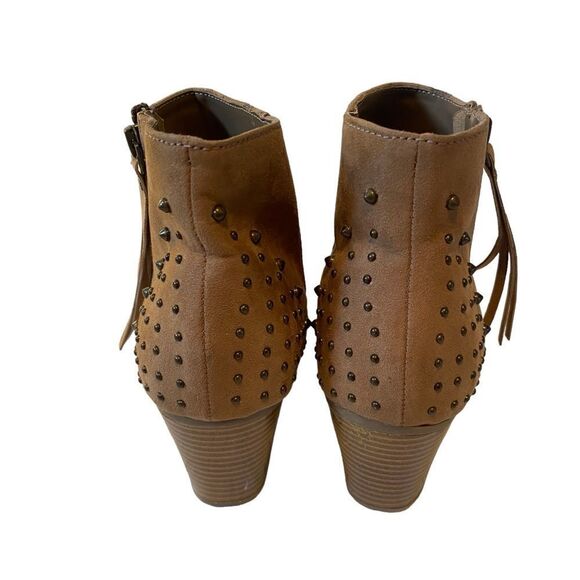 Camel Colored Faux Suede Ankle Boots w/ Side Zipper & Brass Toned Stud Accents. - Picture 3 of 6